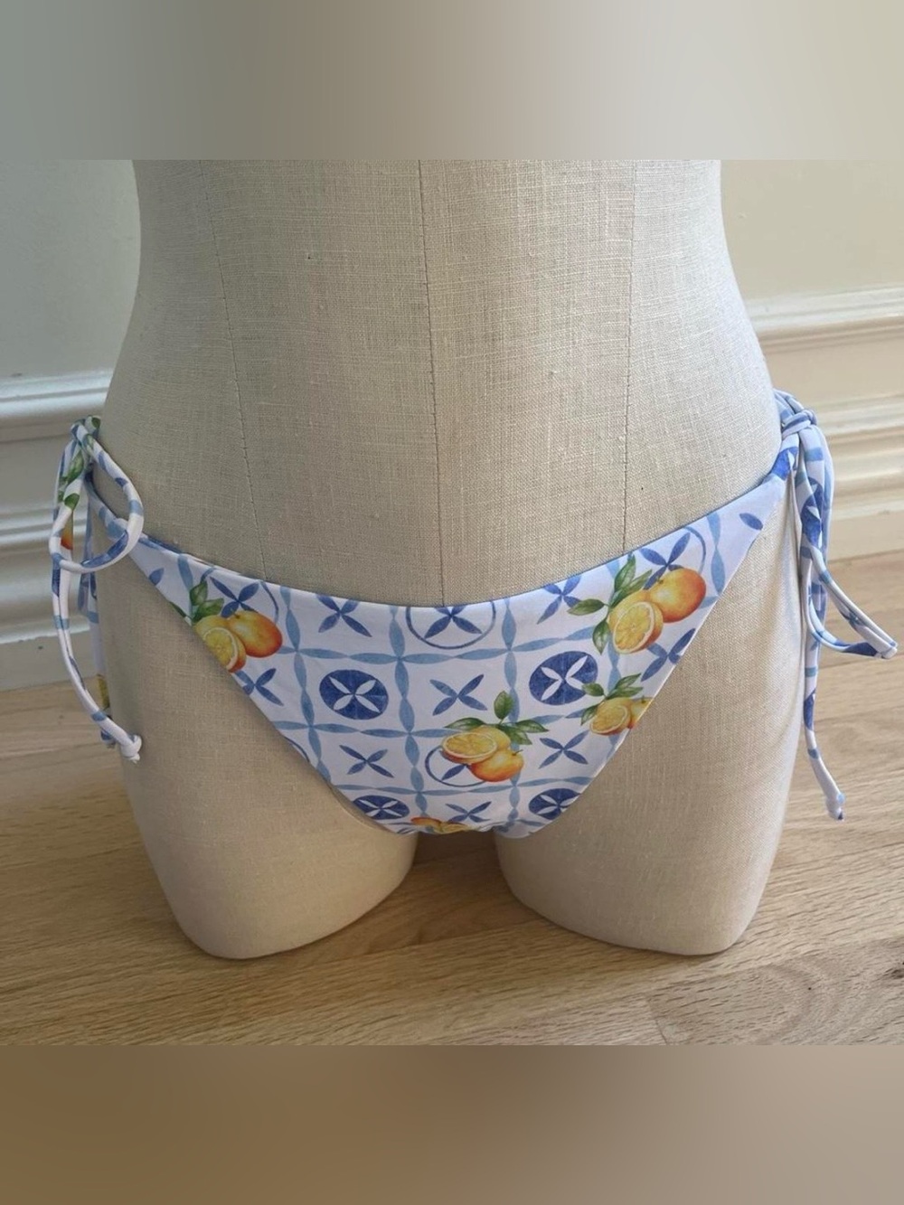 Women's Blue & White Lemon Tie-Side Bikini Bottom